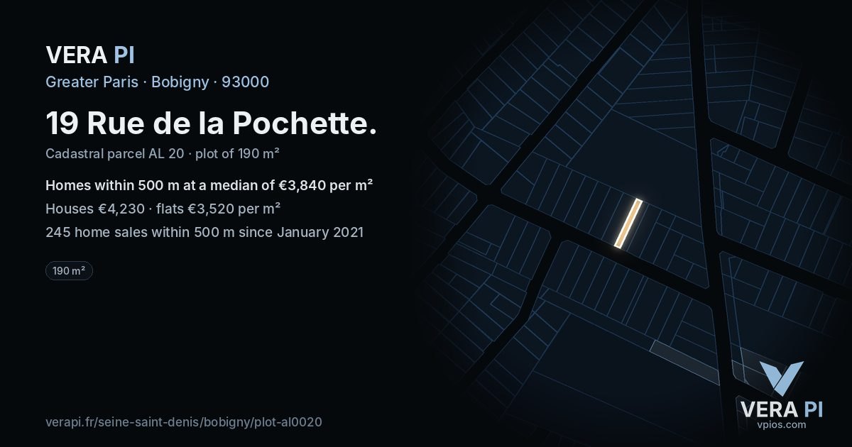 19 Rue de la Pochette, Bobigny at night – the plot lit, the parcels around coloured by the prices near them