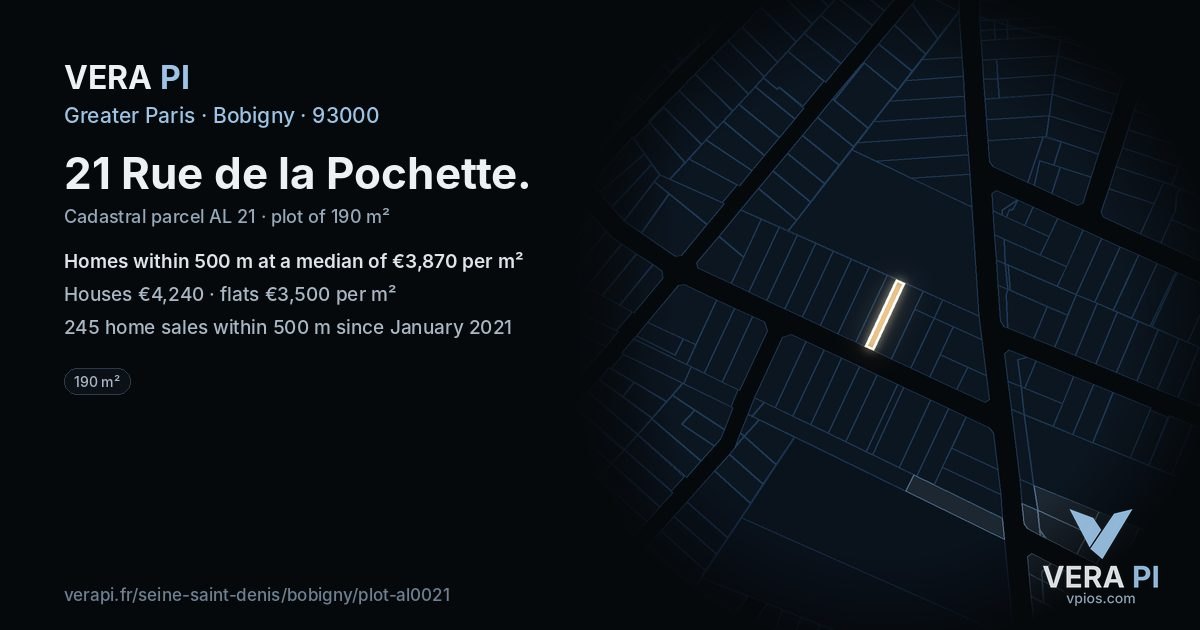21 Rue de la Pochette, Bobigny at night – the plot lit, the parcels around coloured by the prices near them