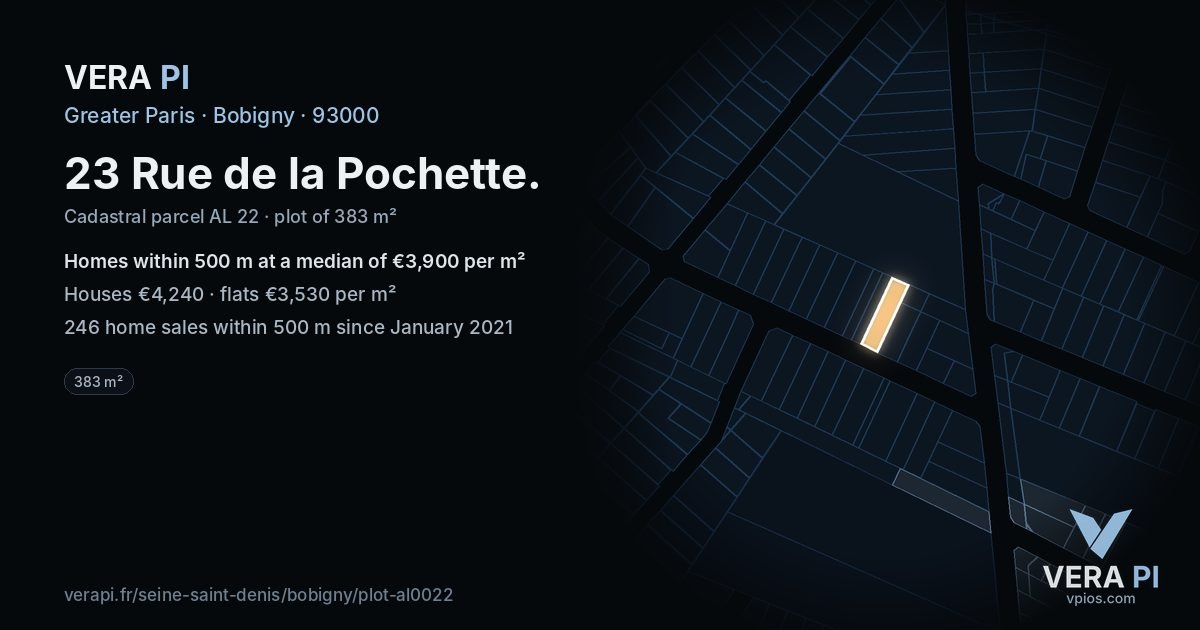 23 Rue de la Pochette, Bobigny at night – the plot lit, the parcels around coloured by the prices near them