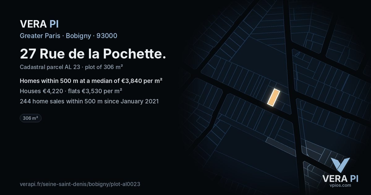 27 Rue de la Pochette, Bobigny at night – the plot lit, the parcels around coloured by the prices near them