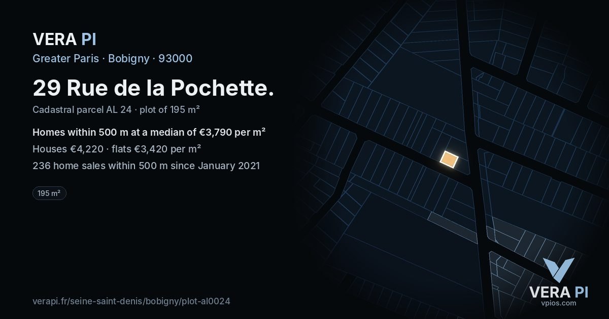 29 Rue de la Pochette, Bobigny at night – the plot lit, the parcels around coloured by the prices near them