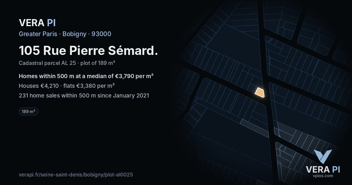 105 Rue Pierre Sémard, Bobigny at night – the plot lit, the parcels around coloured by the prices near them