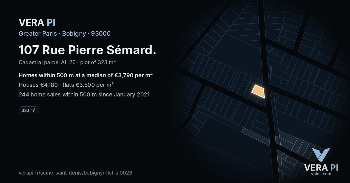 107 Rue Pierre Sémard, Bobigny at night – the plot lit, the parcels around coloured by the prices near them