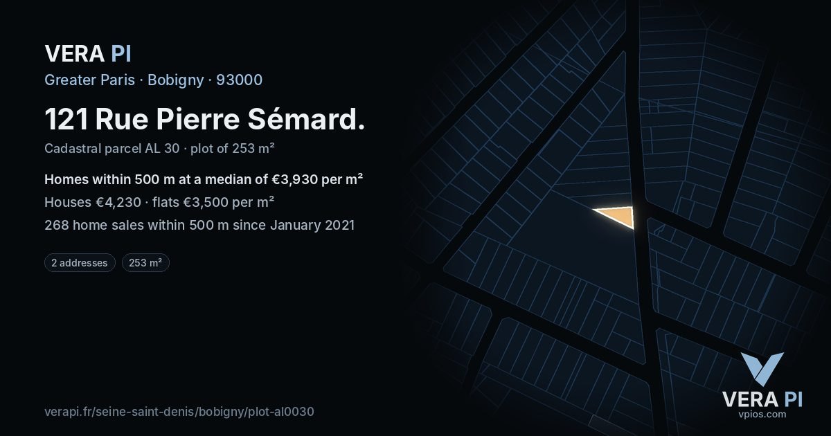 121 Rue Pierre Sémard, Bobigny at night – the plot lit, the parcels around coloured by the prices near them