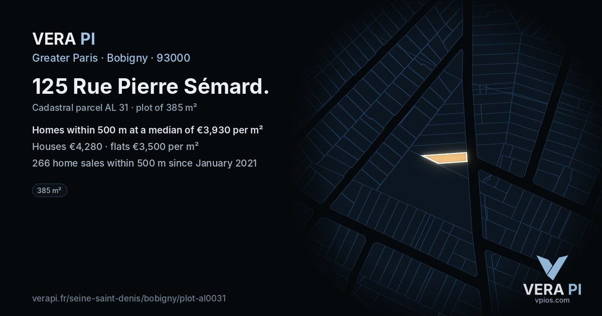 125 Rue Pierre Sémard, Bobigny at night – the plot lit, the parcels around coloured by the prices near them