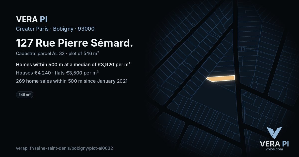 127 Rue Pierre Sémard, Bobigny at night – the plot lit, the parcels around coloured by the prices near them