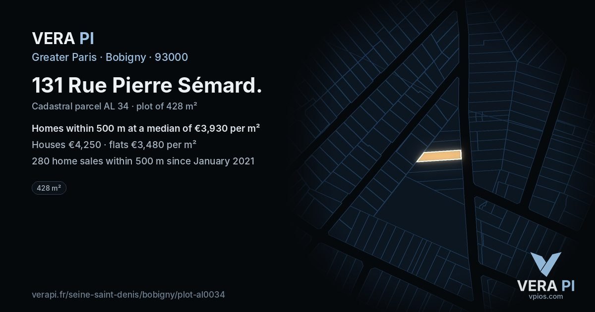 131 Rue Pierre Sémard, Bobigny at night – the plot lit, the parcels around coloured by the prices near them