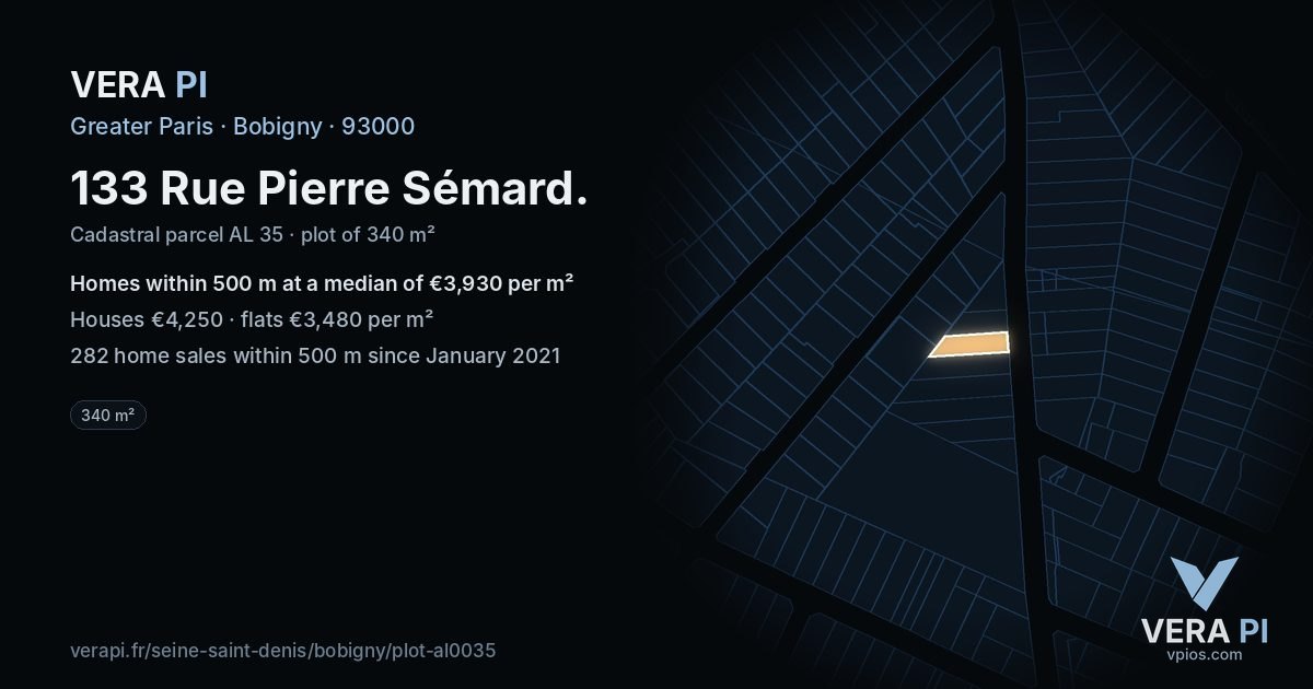 133 Rue Pierre Sémard, Bobigny at night – the plot lit, the parcels around coloured by the prices near them