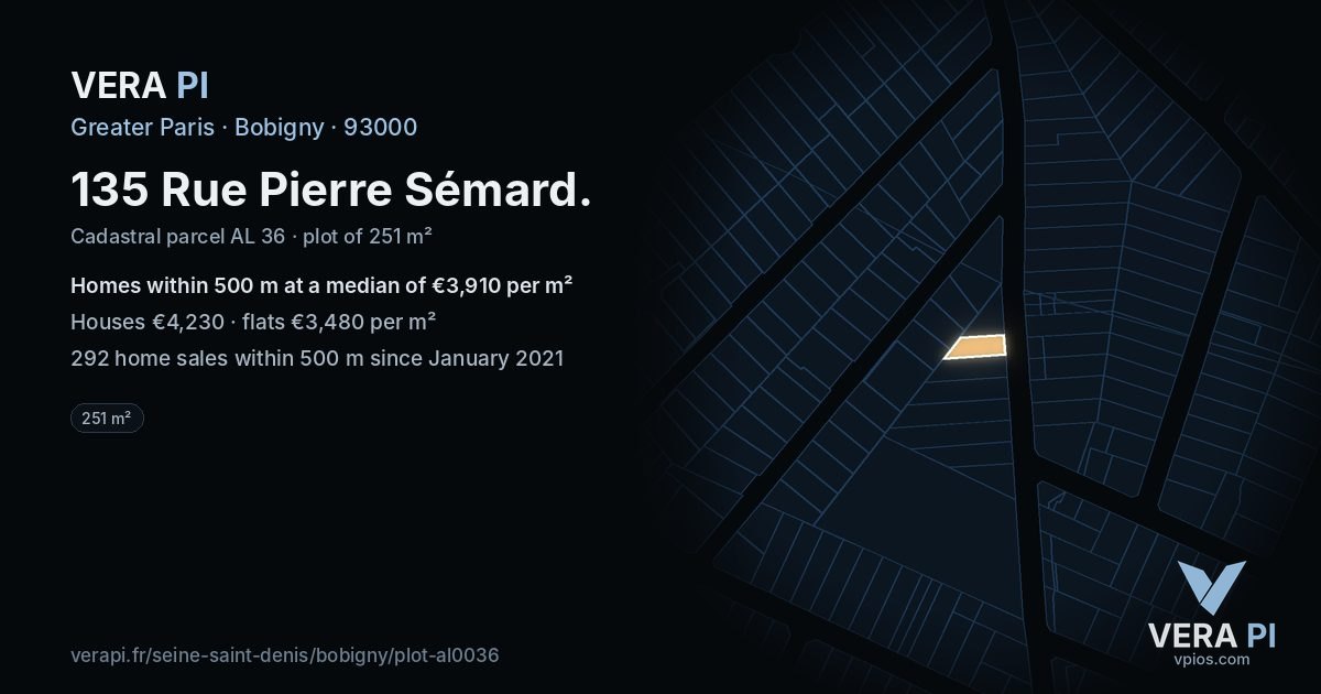 135 Rue Pierre Sémard, Bobigny at night – the plot lit, the parcels around coloured by the prices near them