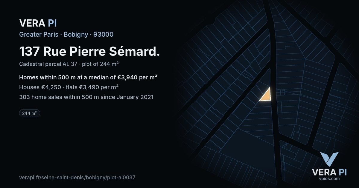 137 Rue Pierre Sémard, Bobigny at night – the plot lit, the parcels around coloured by the prices near them