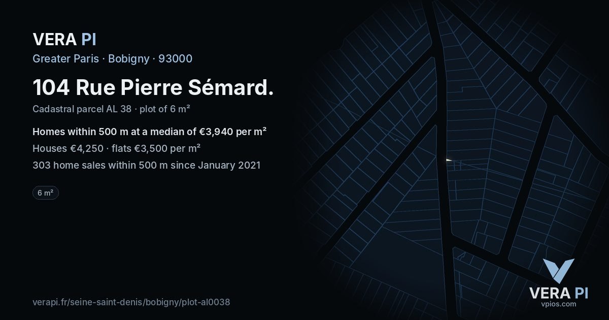104 Rue Pierre Sémard, Bobigny at night – the plot lit, the parcels around coloured by the prices near them