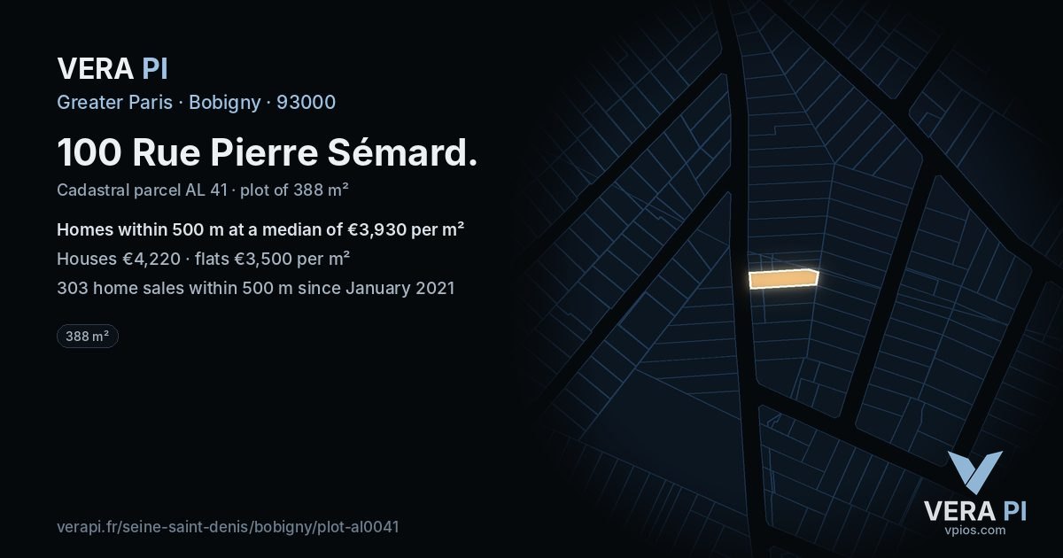 100 Rue Pierre Sémard, Bobigny at night – the plot lit, the parcels around coloured by the prices near them