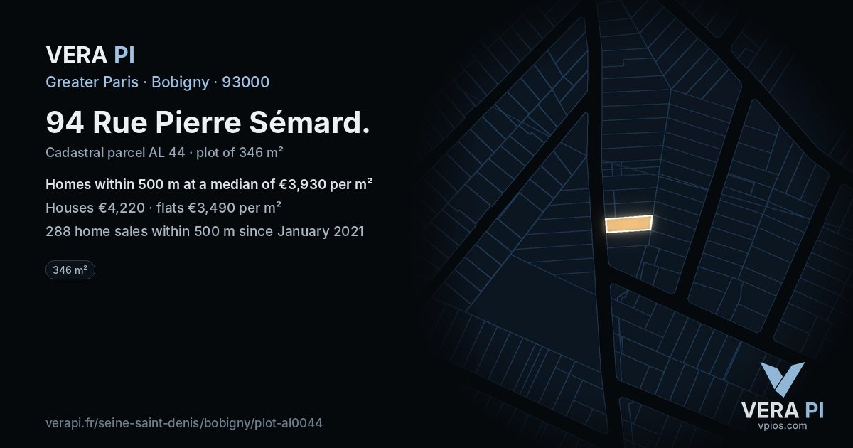 94 Rue Pierre Sémard, Bobigny at night – the plot lit, the parcels around coloured by the prices near them