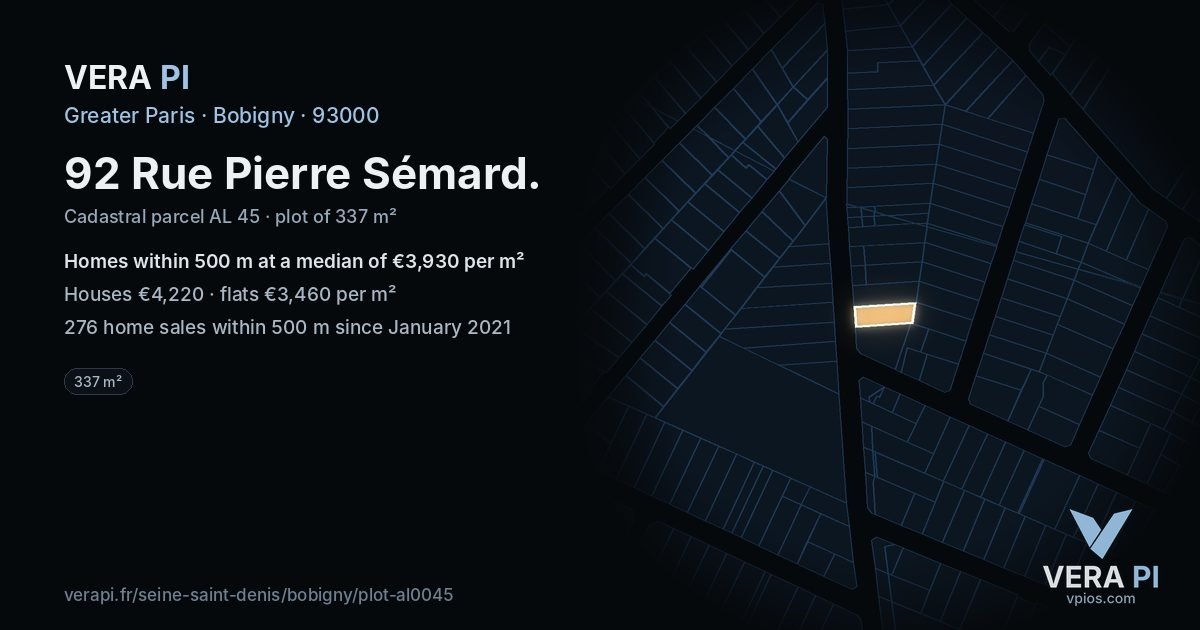 92 Rue Pierre Sémard, Bobigny at night – the plot lit, the parcels around coloured by the prices near them