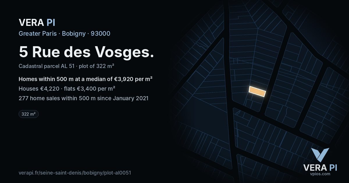 5 Rue des Vosges, Bobigny at night – the plot lit, the parcels around coloured by the prices near them