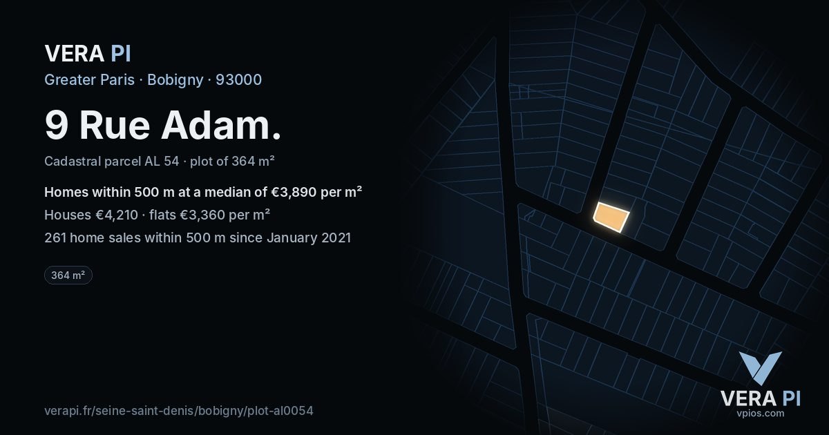 9 Rue Adam, Bobigny at night – the plot lit, the parcels around coloured by the prices near them