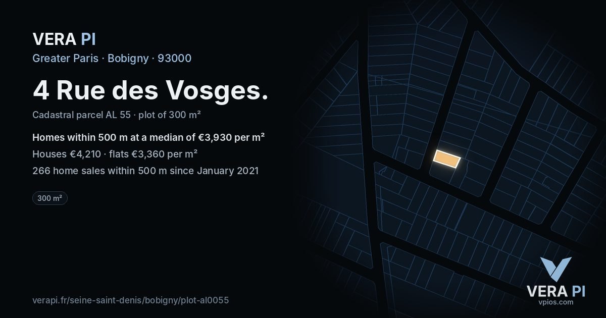 4 Rue des Vosges, Bobigny at night – the plot lit, the parcels around coloured by the prices near them