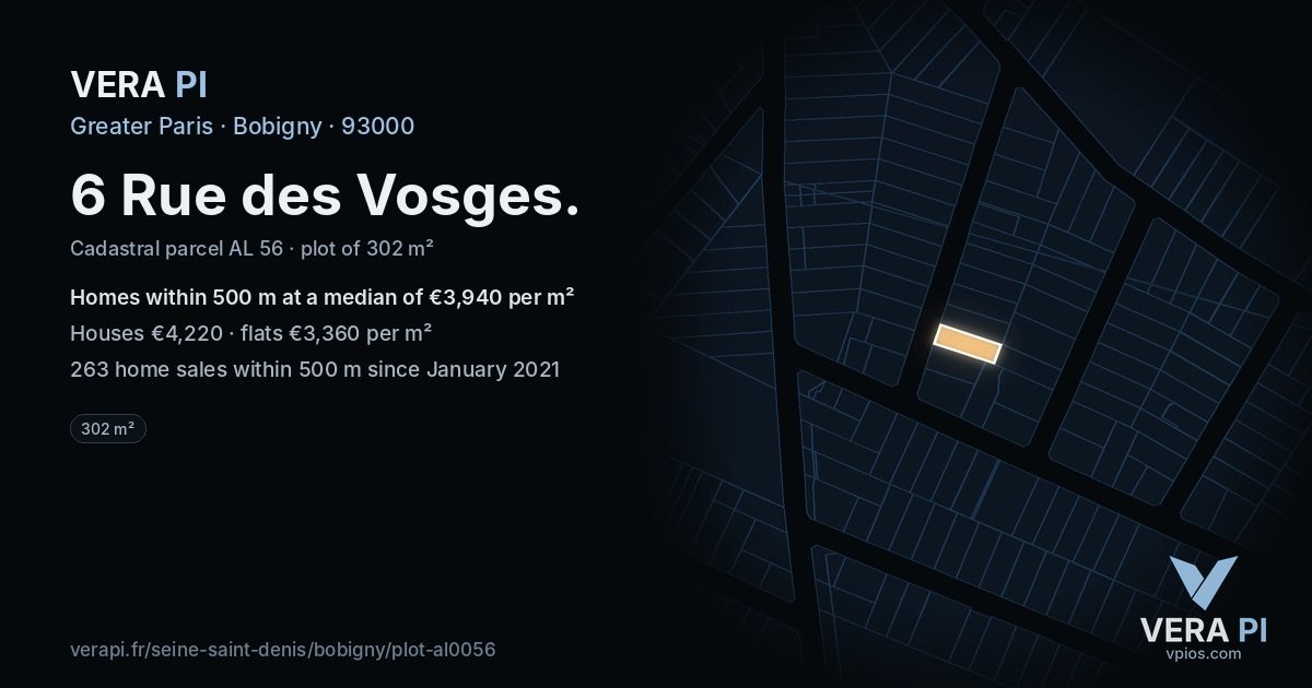 6 Rue des Vosges, Bobigny at night – the plot lit, the parcels around coloured by the prices near them