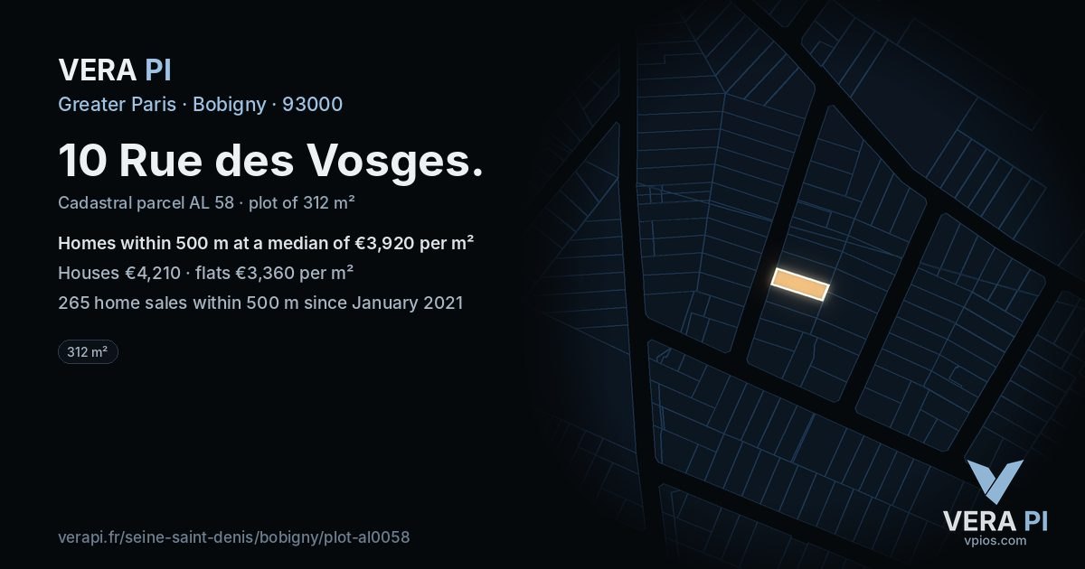 10 Rue des Vosges, Bobigny at night – the plot lit, the parcels around coloured by the prices near them