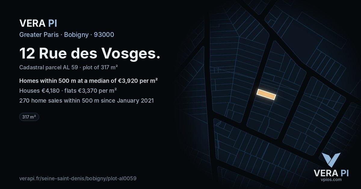 12 Rue des Vosges, Bobigny at night – the plot lit, the parcels around coloured by the prices near them