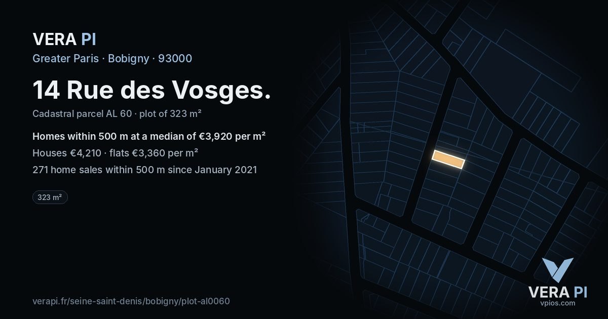 14 Rue des Vosges, Bobigny at night – the plot lit, the parcels around coloured by the prices near them