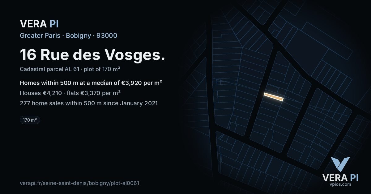 16 Rue des Vosges, Bobigny at night – the plot lit, the parcels around coloured by the prices near them
