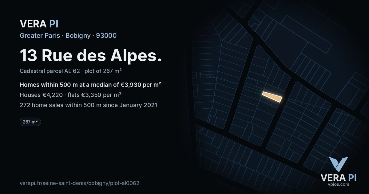 13 Rue des Alpes, Bobigny at night – the plot lit, the parcels around coloured by the prices near them