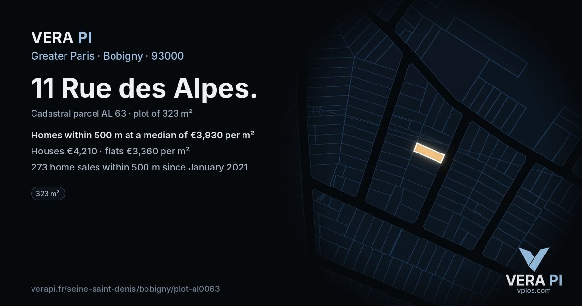 11 Rue des Alpes, Bobigny at night – the plot lit, the parcels around coloured by the prices near them