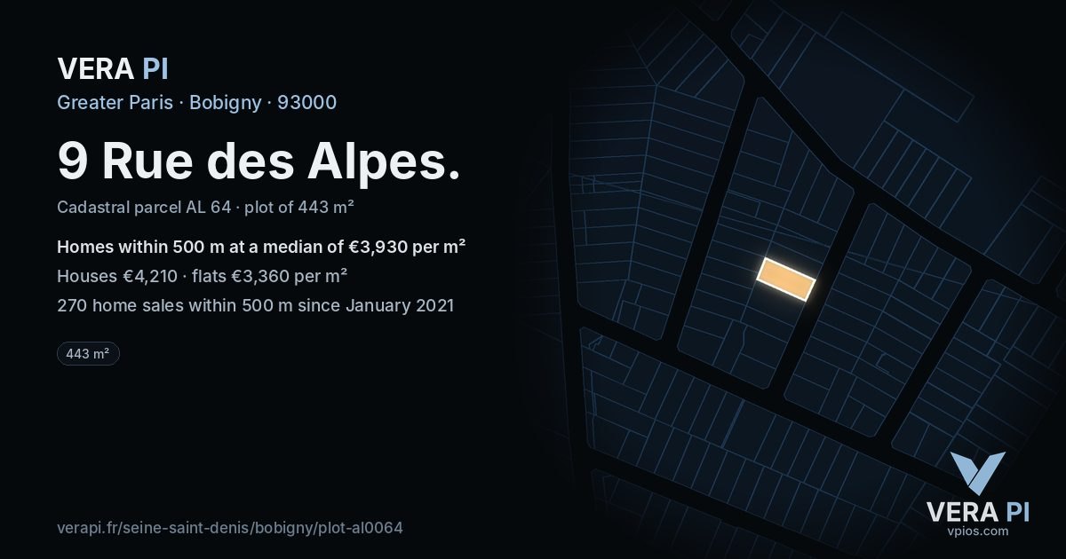 9 Rue des Alpes, Bobigny at night – the plot lit, the parcels around coloured by the prices near them