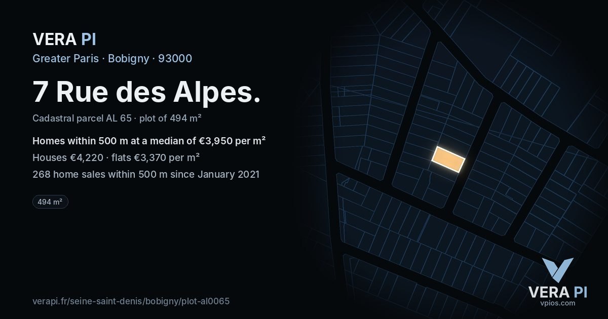 7 Rue des Alpes, Bobigny at night – the plot lit, the parcels around coloured by the prices near them