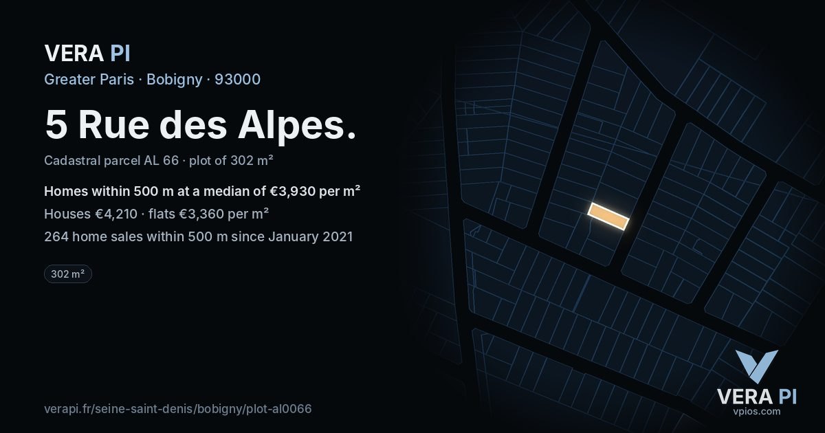 5 Rue des Alpes, Bobigny at night – the plot lit, the parcels around coloured by the prices near them