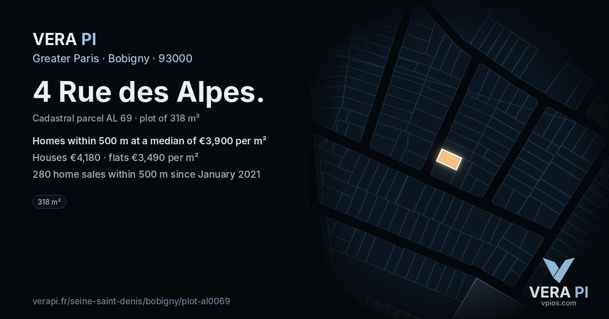 4 Rue des Alpes, Bobigny at night – the plot lit, the parcels around coloured by the prices near them