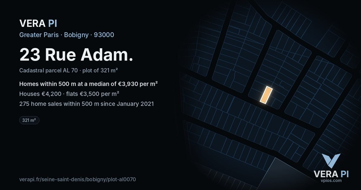 23 Rue Adam, Bobigny at night – the plot lit, the parcels around coloured by the prices near them