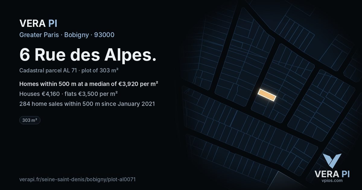 6 Rue des Alpes, Bobigny at night – the plot lit, the parcels around coloured by the prices near them