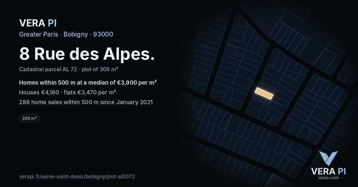 8 Rue des Alpes, Bobigny at night – the plot lit, the parcels around coloured by the prices near them