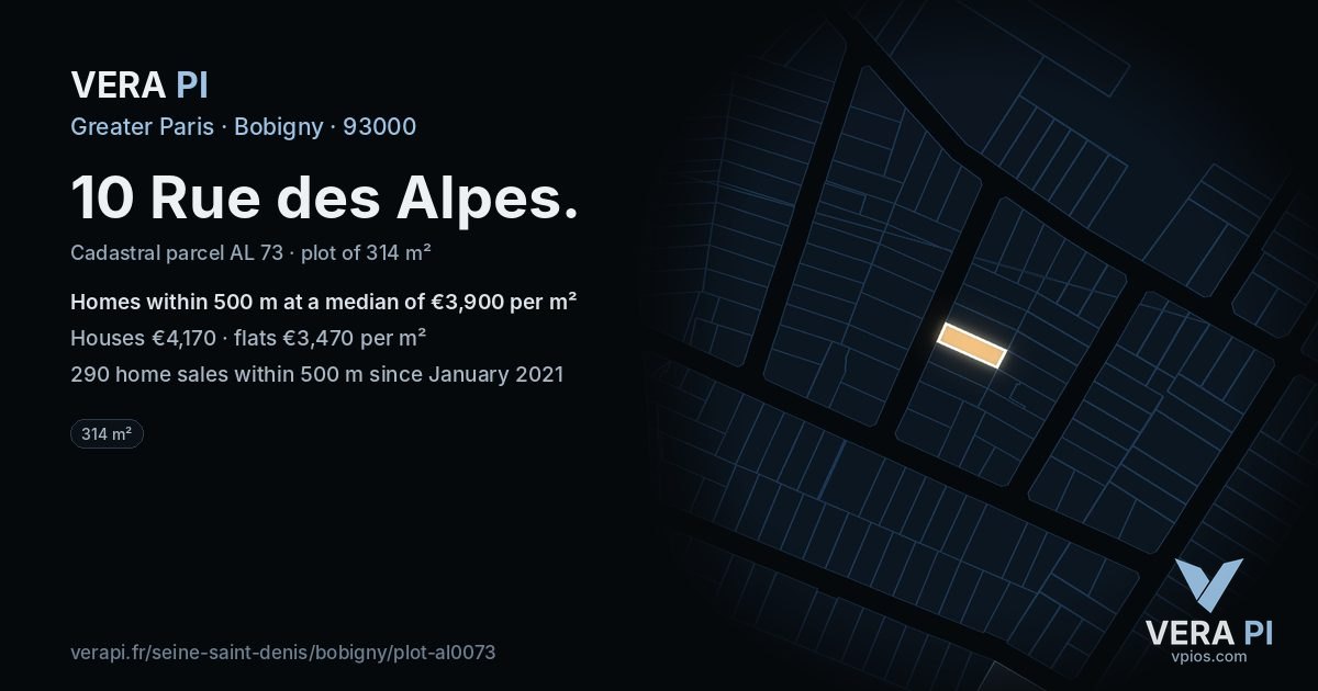 10 Rue des Alpes, Bobigny at night – the plot lit, the parcels around coloured by the prices near them
