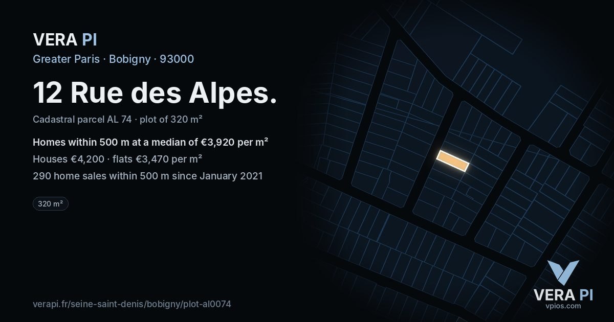 12 Rue des Alpes, Bobigny at night – the plot lit, the parcels around coloured by the prices near them