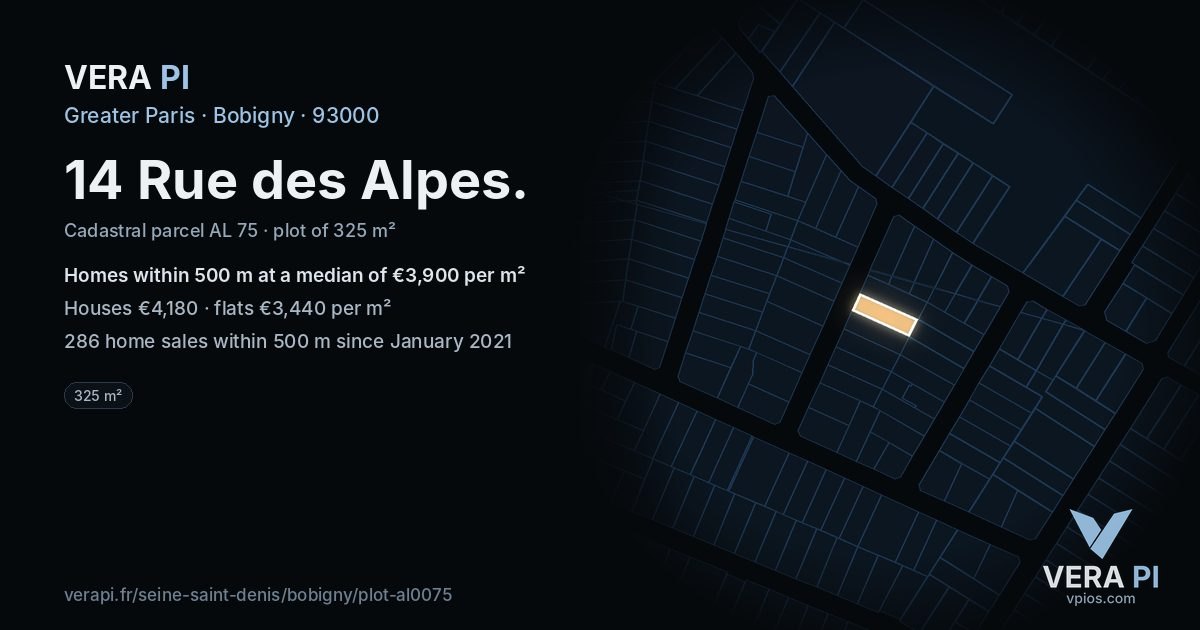 14 Rue des Alpes, Bobigny at night – the plot lit, the parcels around coloured by the prices near them