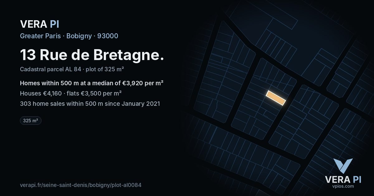 13 Rue de Bretagne, Bobigny at night – the plot lit, the parcels around coloured by the prices near them