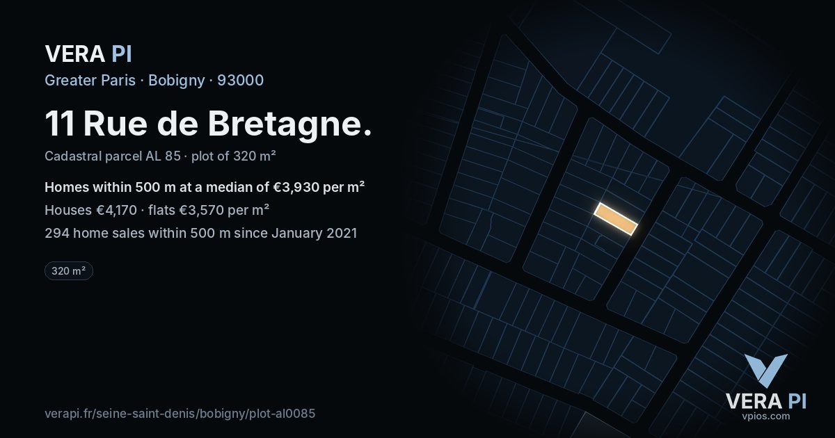 11 Rue de Bretagne, Bobigny at night – the plot lit, the parcels around coloured by the prices near them