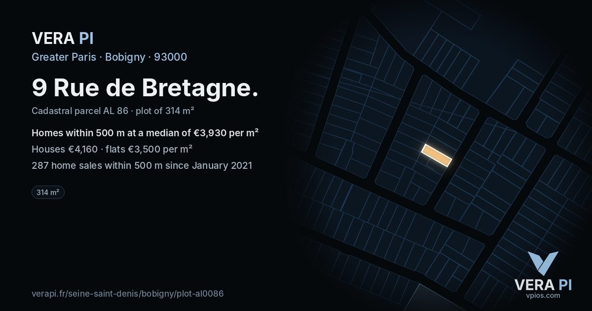 9 Rue de Bretagne, Bobigny at night – the plot lit, the parcels around coloured by the prices near them