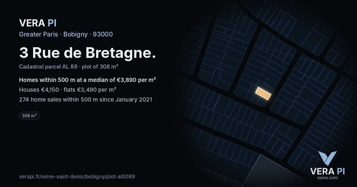3 Rue de Bretagne, Bobigny at night – the plot lit, the parcels around coloured by the prices near them