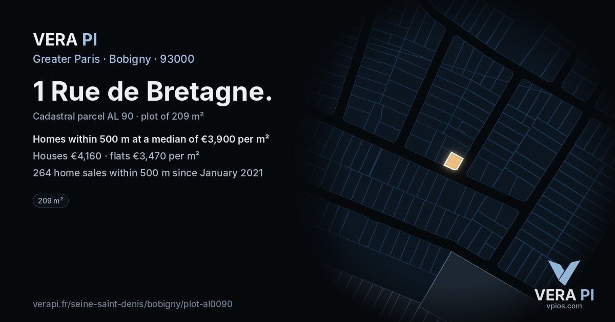 1 Rue de Bretagne, Bobigny at night – the plot lit, the parcels around coloured by the prices near them