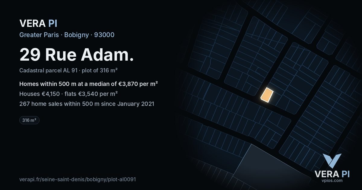 29 Rue Adam, Bobigny at night – the plot lit, the parcels around coloured by the prices near them