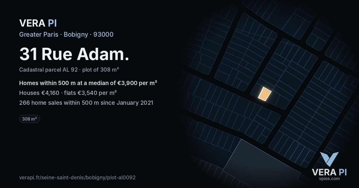 31 Rue Adam, Bobigny at night – the plot lit, the parcels around coloured by the prices near them