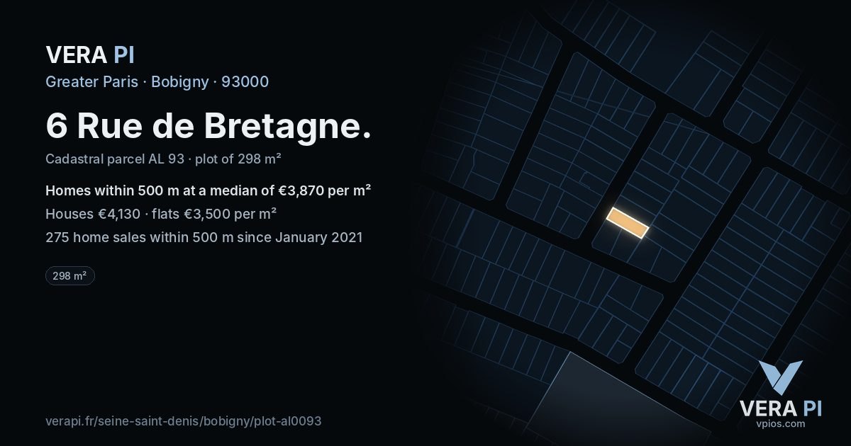 6 Rue de Bretagne, Bobigny at night – the plot lit, the parcels around coloured by the prices near them