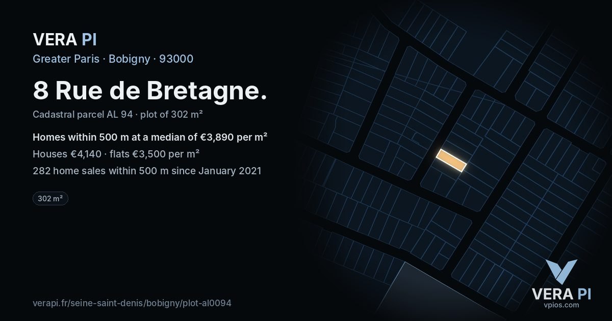 8 Rue de Bretagne, Bobigny at night – the plot lit, the parcels around coloured by the prices near them