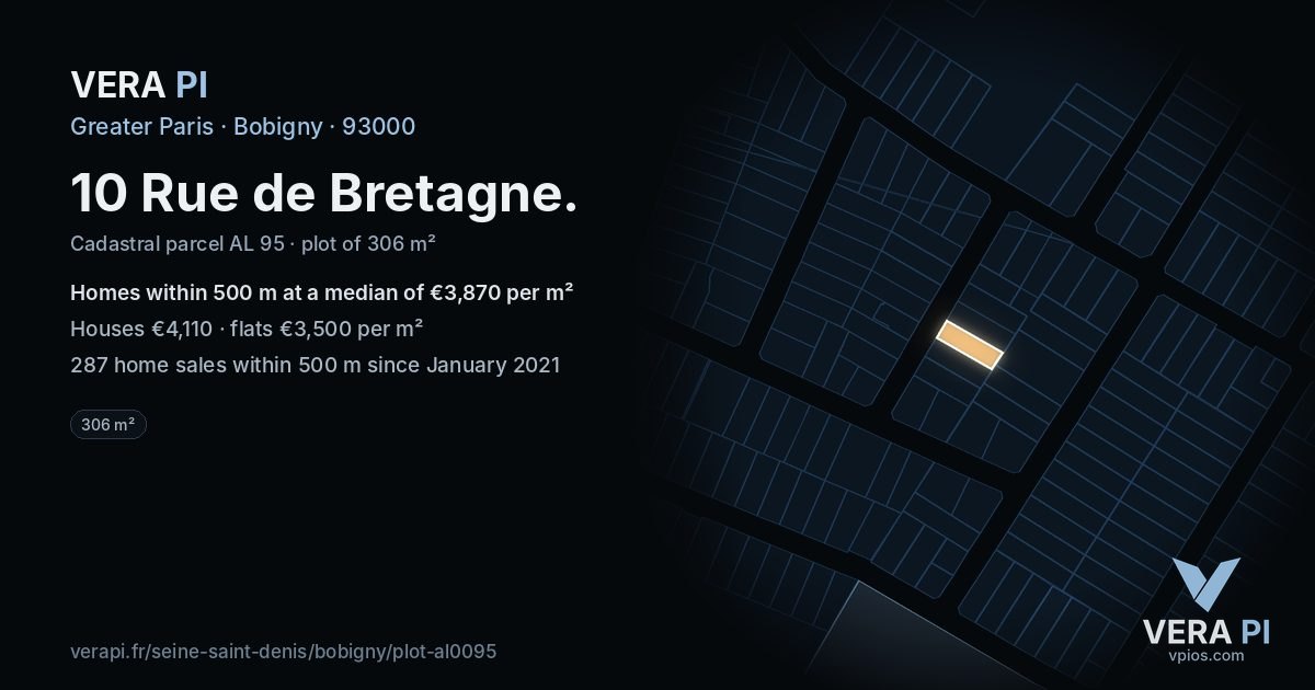 10 Rue de Bretagne, Bobigny at night – the plot lit, the parcels around coloured by the prices near them