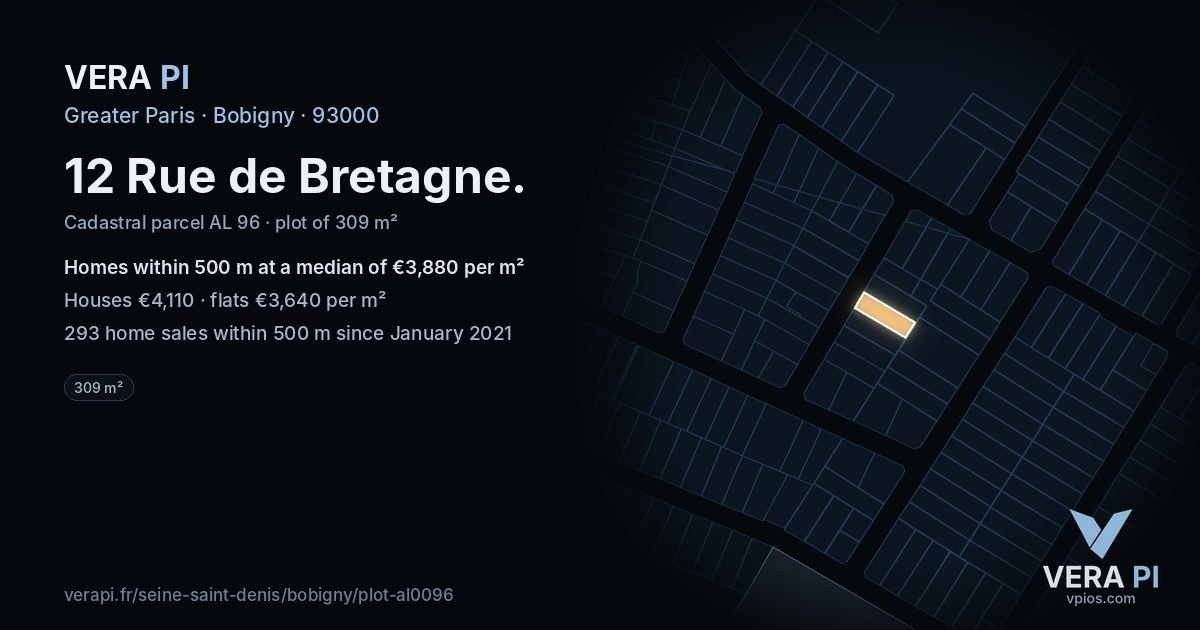 12 Rue de Bretagne, Bobigny at night – the plot lit, the parcels around coloured by the prices near them