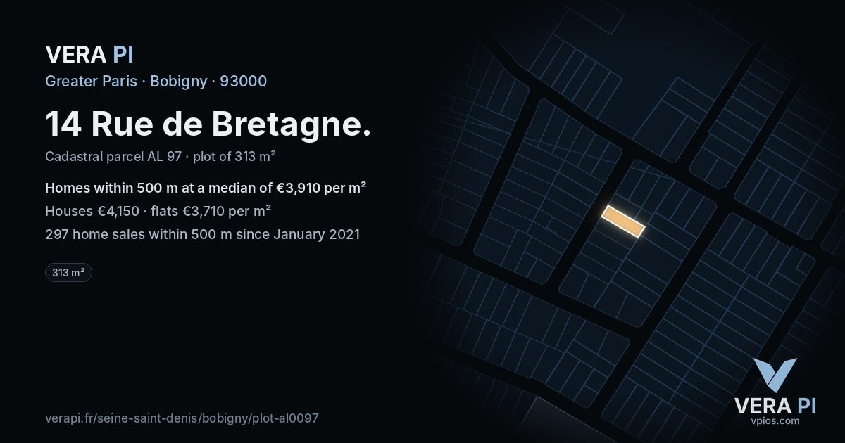 14 Rue de Bretagne, Bobigny at night – the plot lit, the parcels around coloured by the prices near them